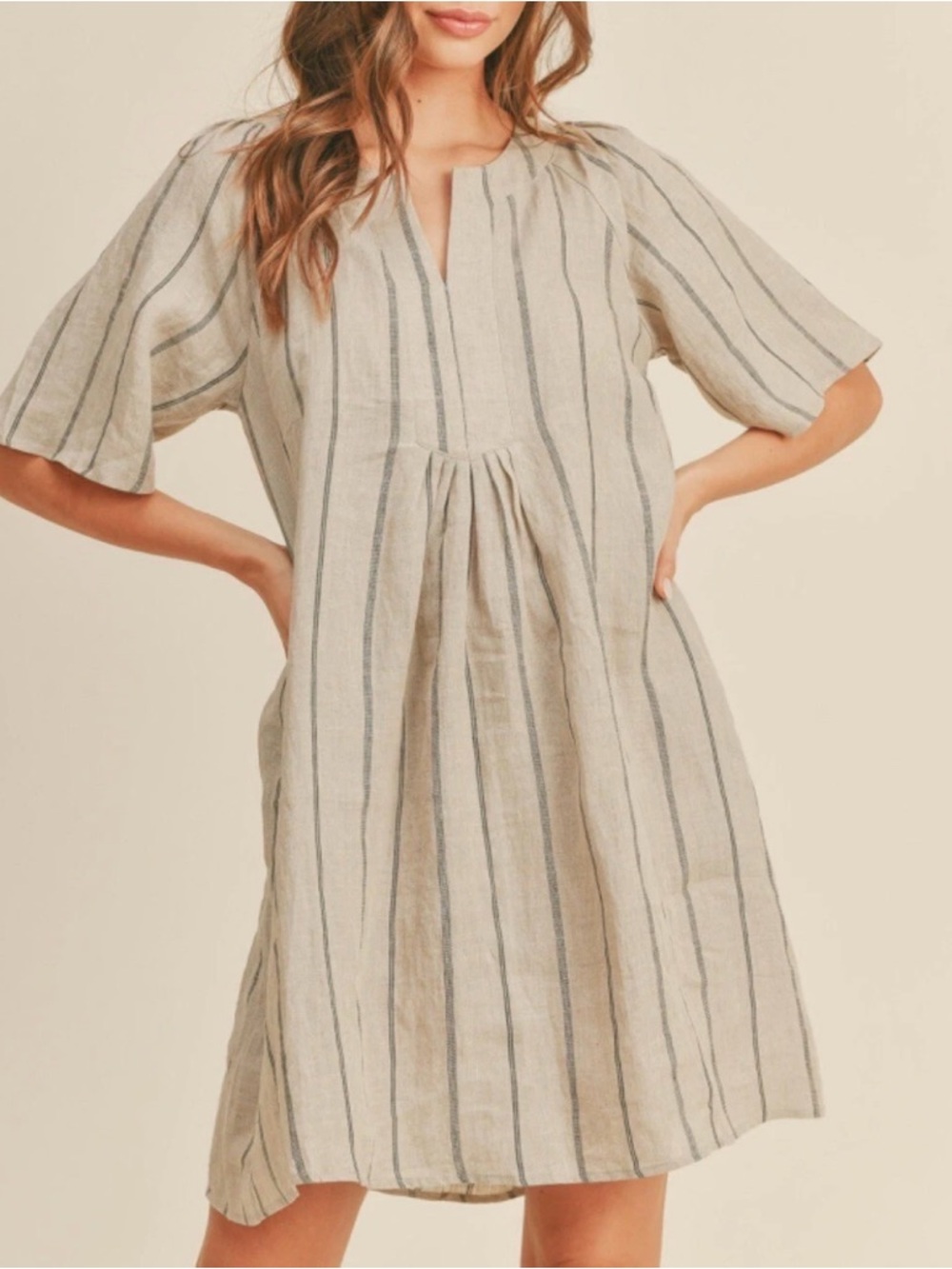 Miou Muse 100% Linen Dress Size Large Beige Black Pinstripe Pockets Lagenlook